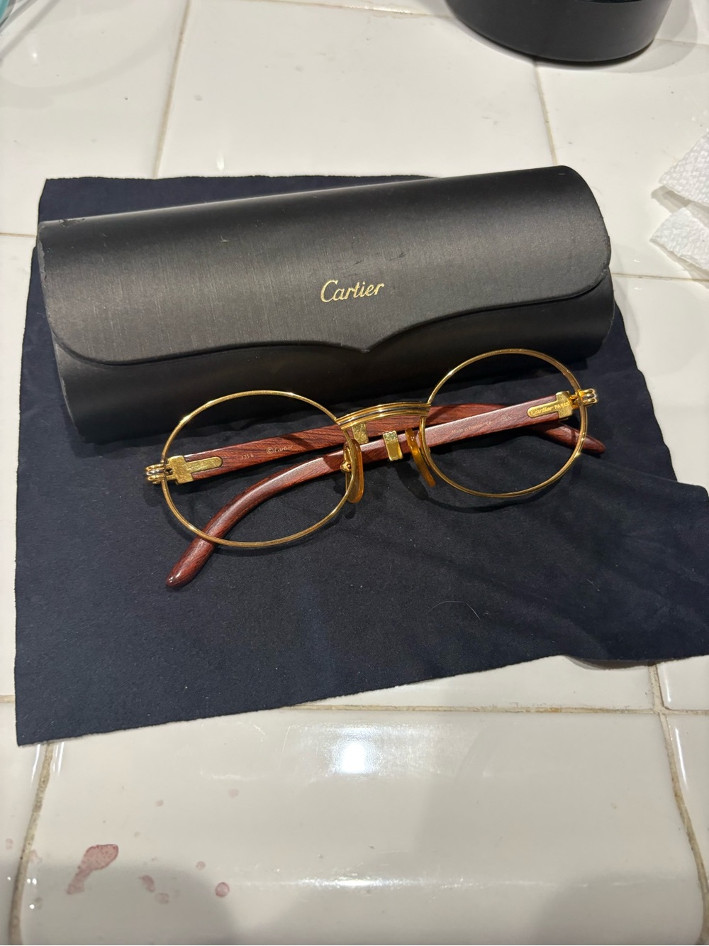 Cartier ParisGold Round Metal Frame Glasses with Wood-Effect Temples